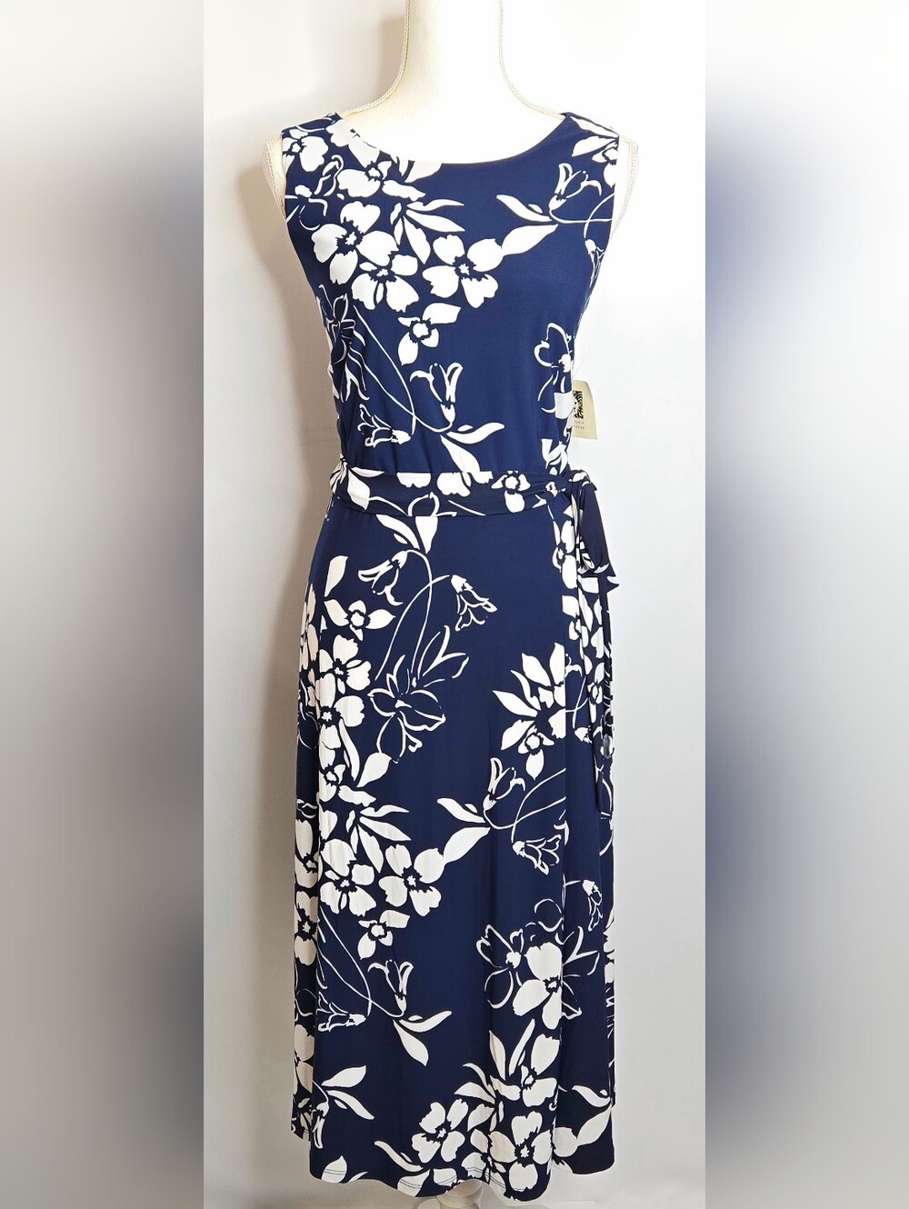 Anne Klein Navy White Botanical Floral Fit & Flare Wedding Guest Dress NWT 14